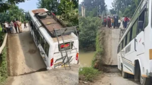 बिलासपुर-रतनपुर हाईवे पर 35 साल पुराना पुल बीच से टूटा, चलती यात्री बस फंसी; बड़ा हादसा टला